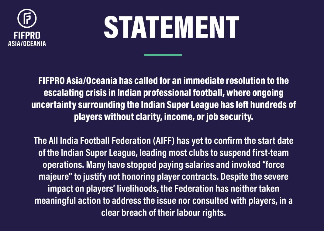 FIFPRO опубликовала заявление, призывающее ФИФА вмешаться и разрешить футбольный кризис в Индии